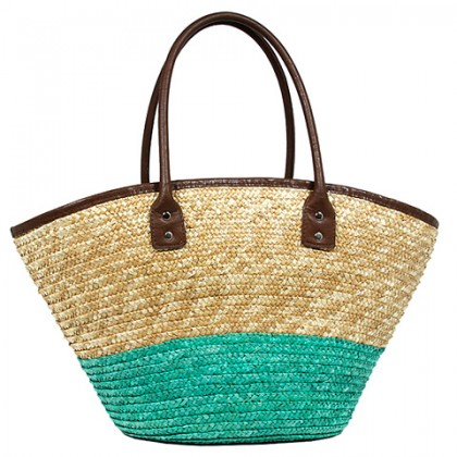 Straw Tote – 12 PCS Woven Wheat 2-tone w/ PU Leather Handles - Turquoise - BG-R11050TQ